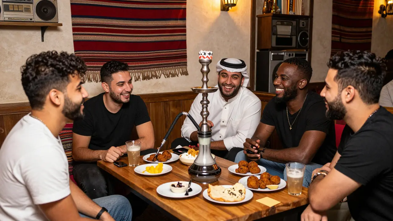 Friends laughing together at a local shisha spot with falafel plates and natural charcoal smoking gently.