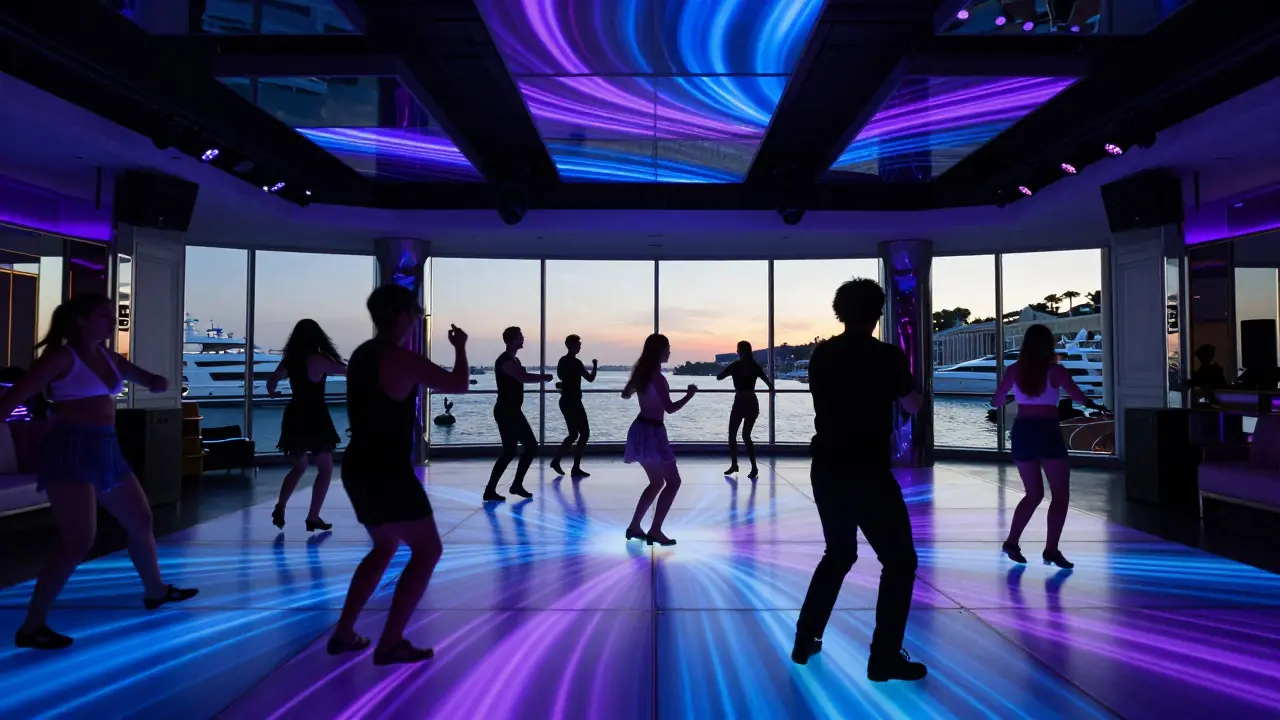 Futuristic dance floor at Opal Club with synchronized LED lights and dawn breaking over the harbor.