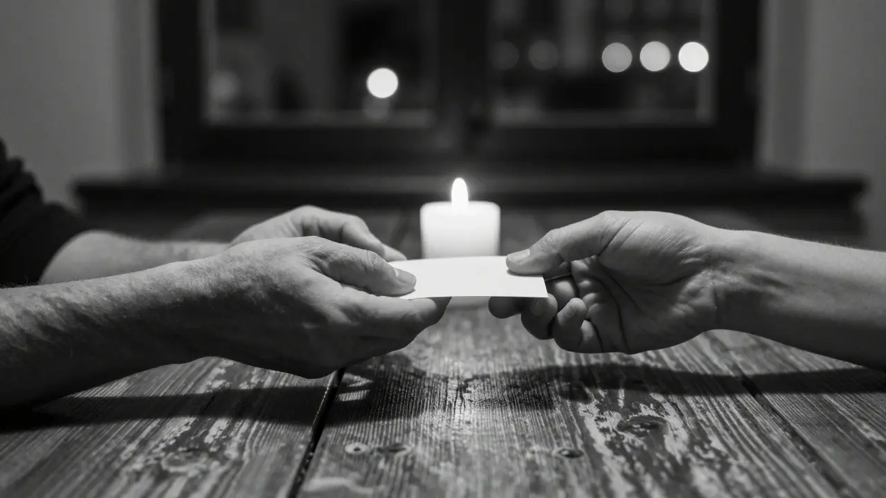 Hands exchanging a note on a wooden table with a candle between them, no faces, atmosphere of quiet dignity.