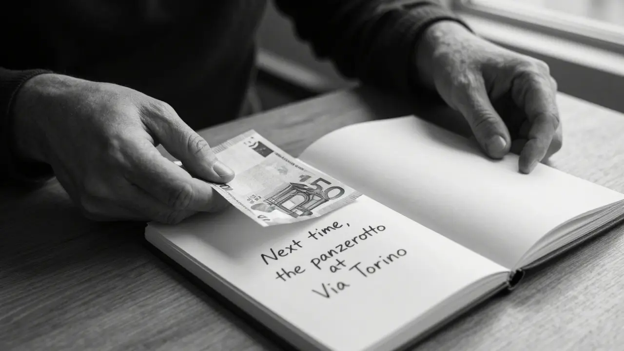Hands on a wooden table with a handwritten note and a tip, symbolizing respectful human connection.