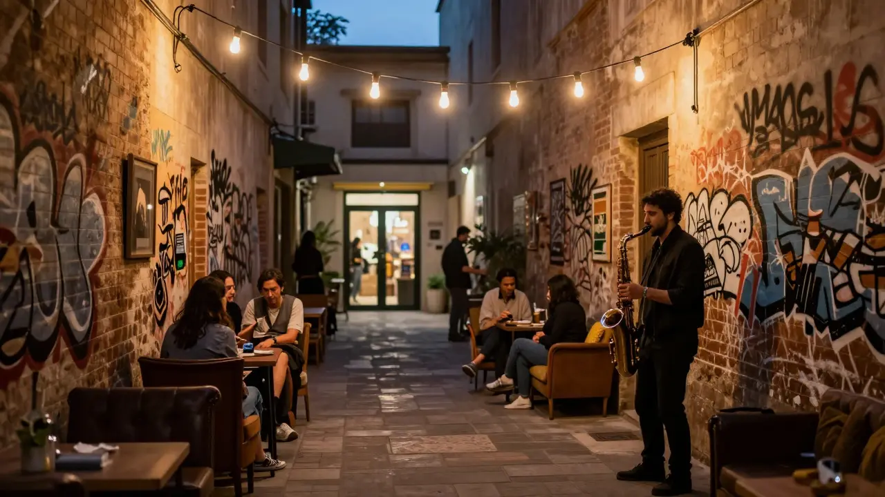 Hidden art bar in Alserkal Avenue with jazz musician and ambient neon lighting.