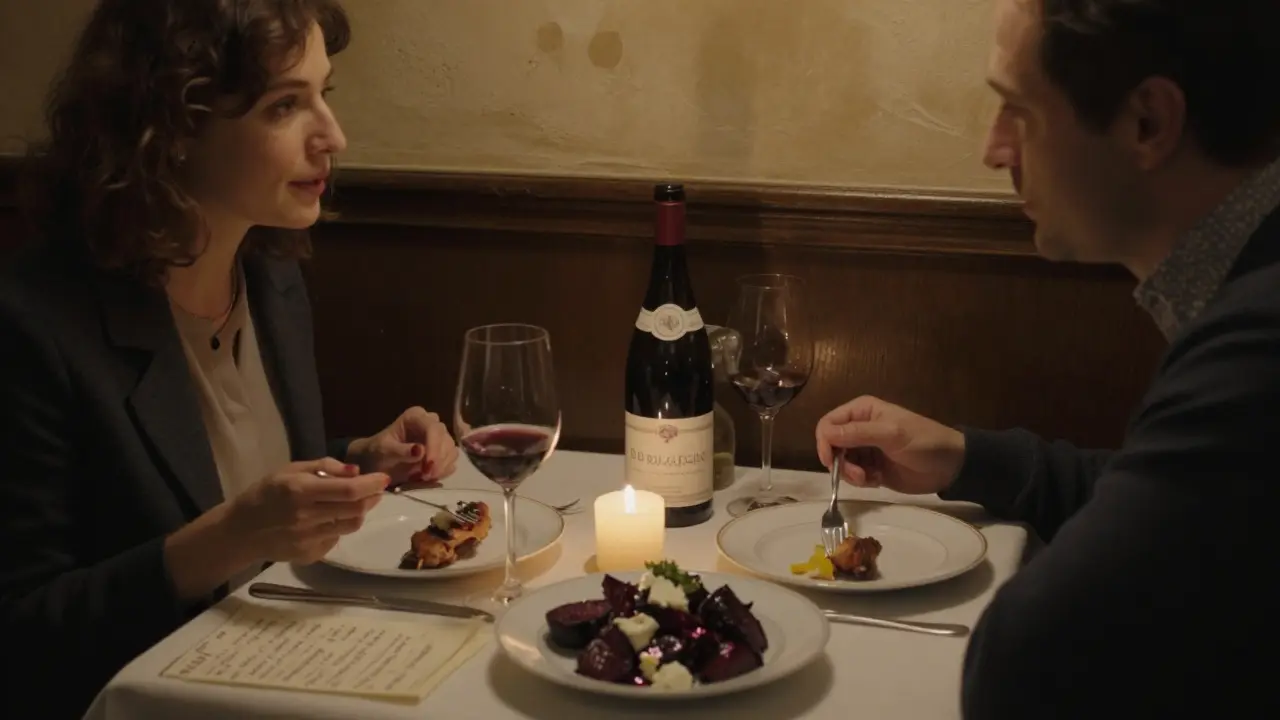 Intimate dinner at a small Parisian bistro with candlelight and wine.