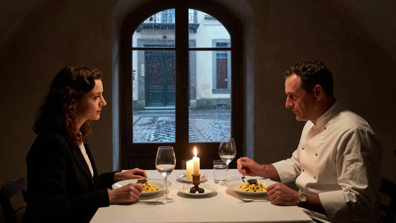 Intimate dinner in a candlelit basement dining room in an old Milanese palazzo.