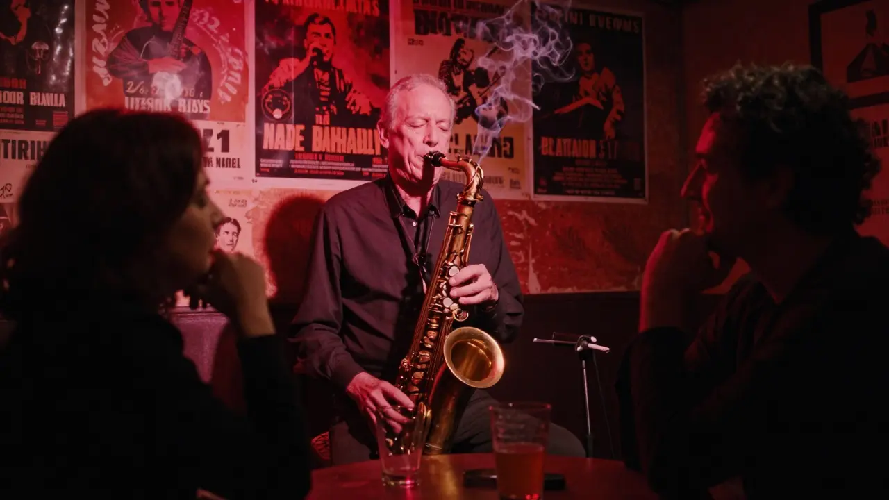 Intimate jazz club moment: saxophonist playing under red light, two strangers sharing a quiet smile at a small table.
