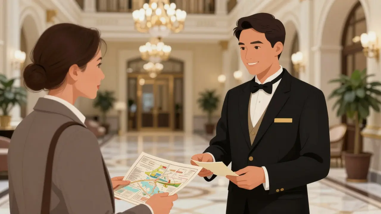 Luxury hotel concierge discreetly offering guidance to a guest in an elegant lobby.