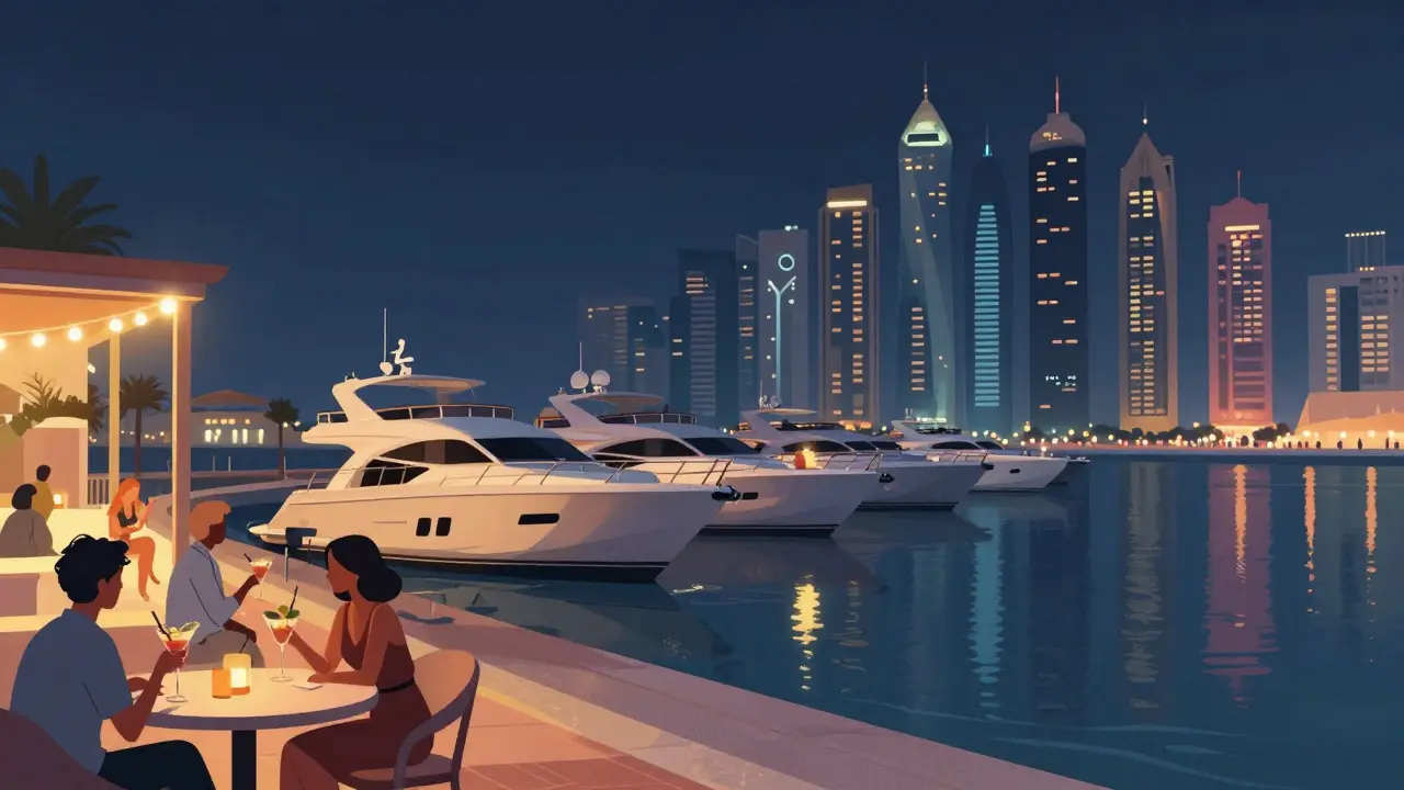Luxury yachts and waterfront lounge in Dubai Marina at night with reflections on water.