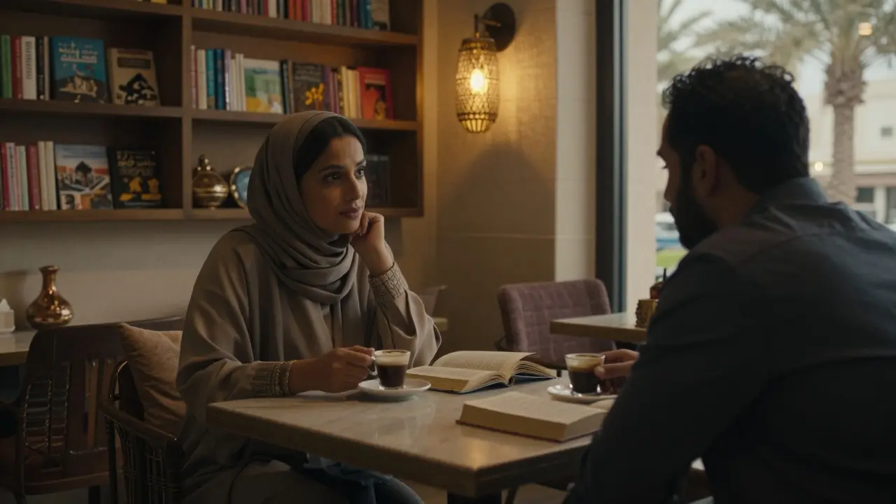 Man and woman having quiet conversation over Arabic coffee in a cozy Al Raha café with local books on display.