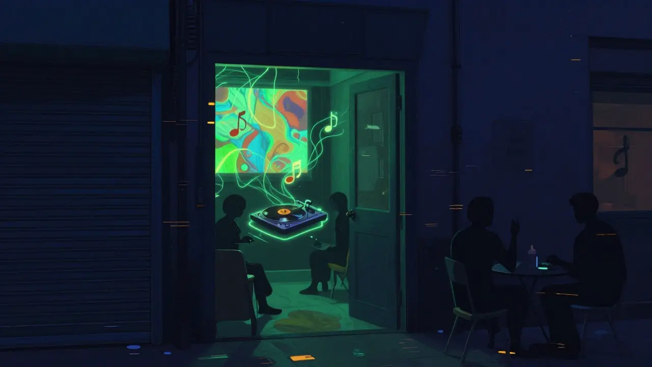 Mysterious basement bar The Nest glowing from an alleyway, with floating music visuals and silhouetted guests.