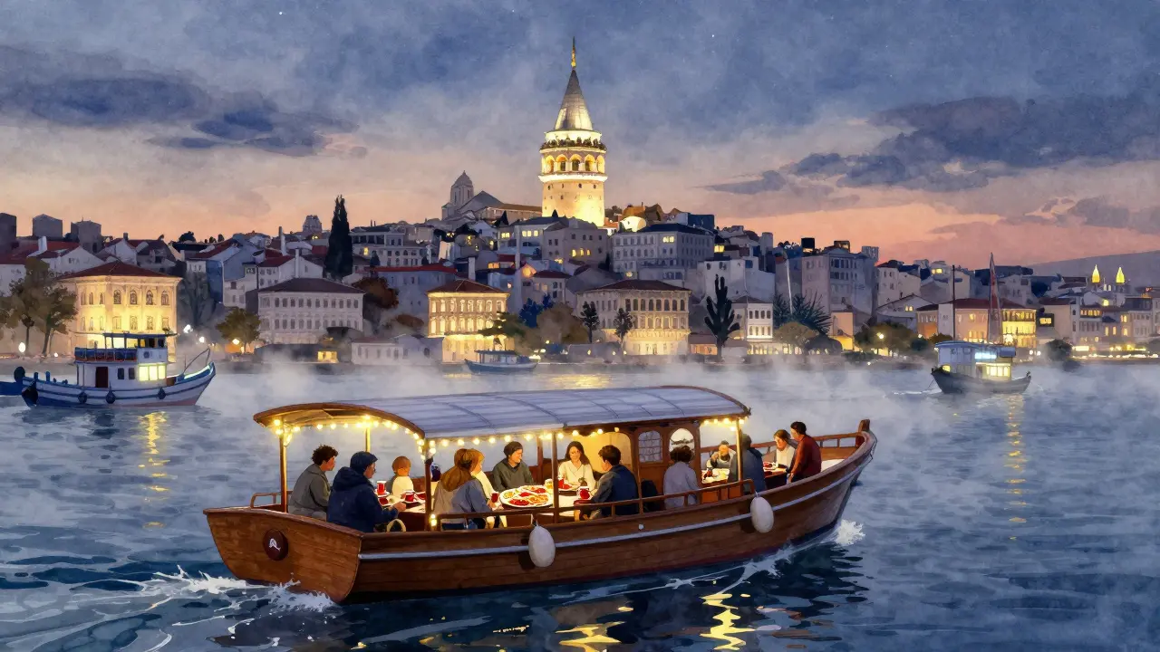 Night cruise on the Bosphorus at dawn with illuminated palaces and mist rising from the water.