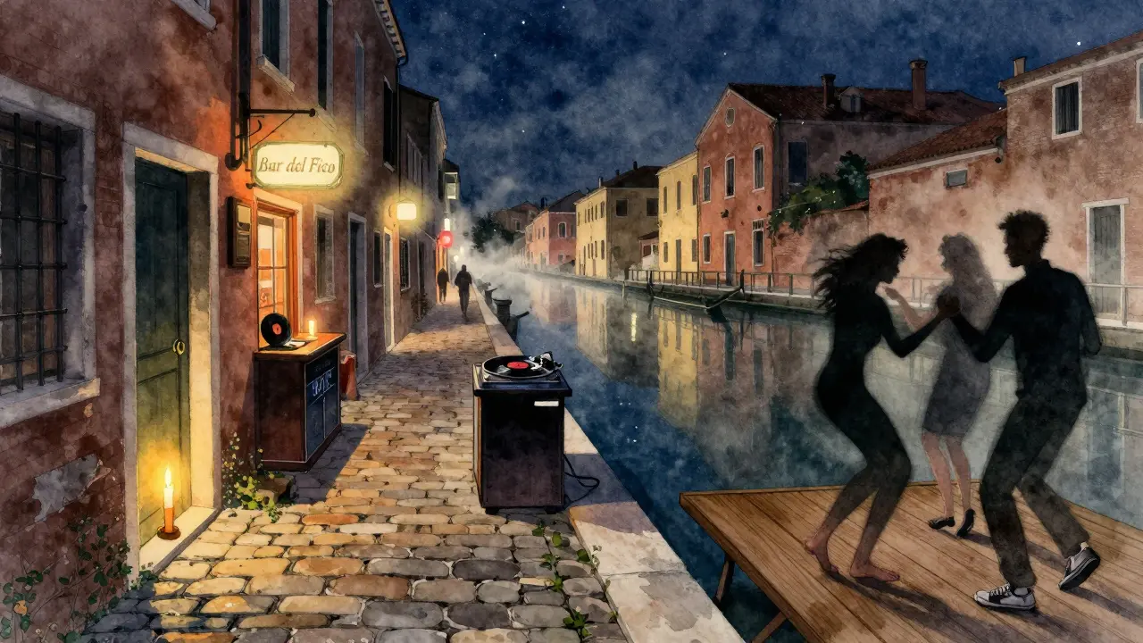Nighttime scene of Navigli canals with candlelit bar, dancers on wooden planks, and vinyl DJ under starry skies.