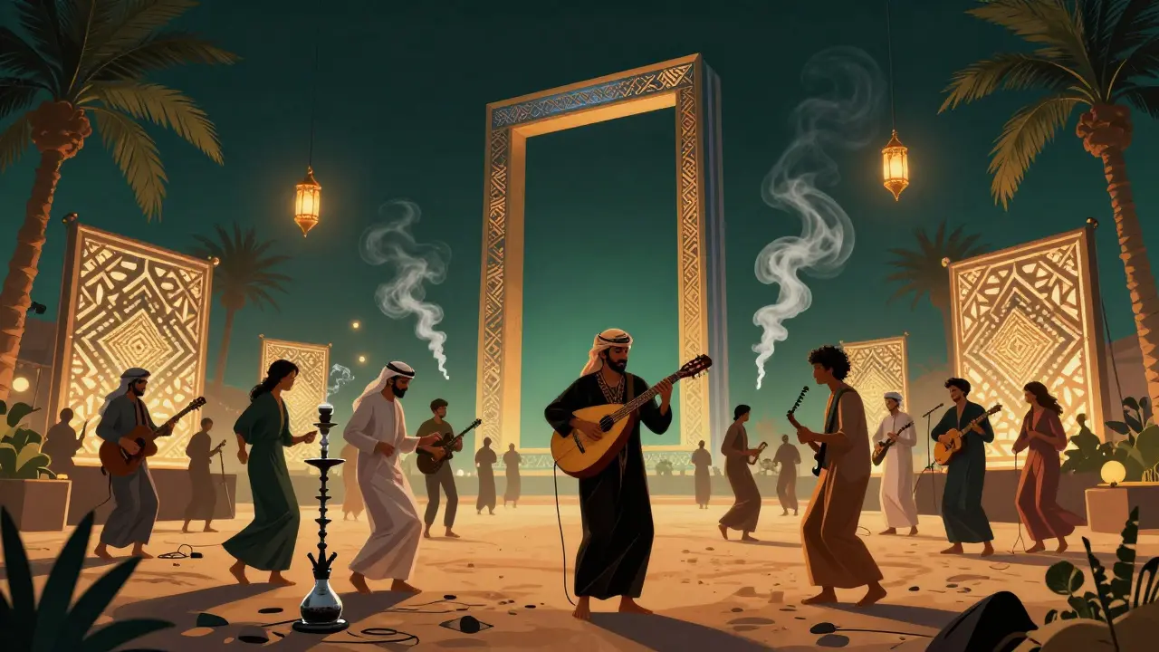 Open-air festival at Dubai Frame blending traditional Oud music with electronic beats, mixed crowd dancing under LED lights and shisha smoke.