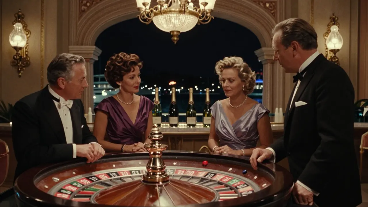 Opulent Monte Carlo Casino roulette table under chandeliers, guests in formal wear, yachts twinkling in harbor beyond.