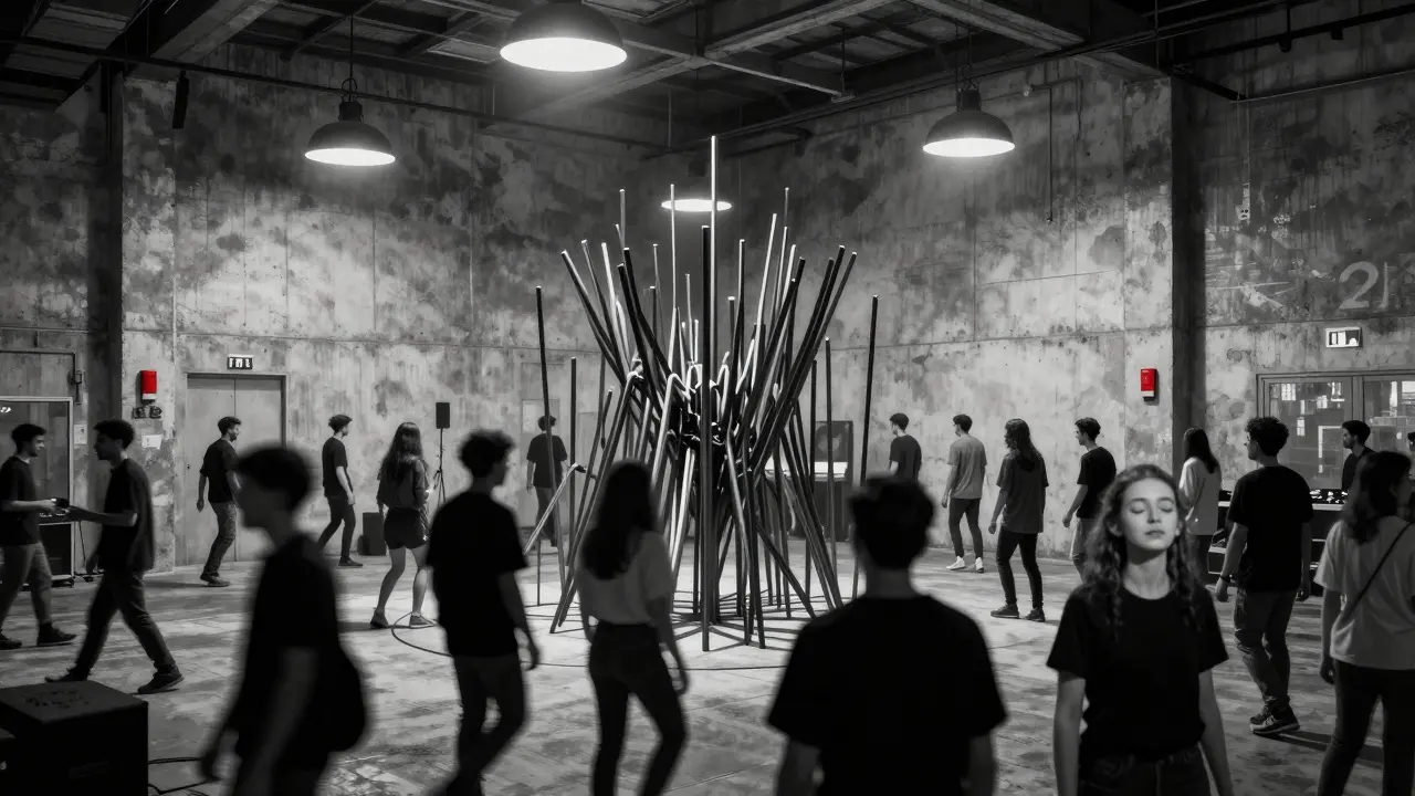 People dancing in an industrial warehouse with sound-reactive metal sculpture.