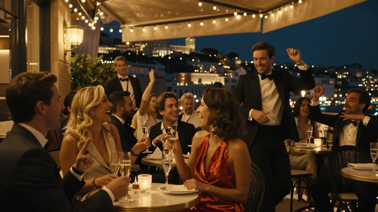 People laughing and dancing on a terrace at Le Café de Paris under string lights, champagne in hand.