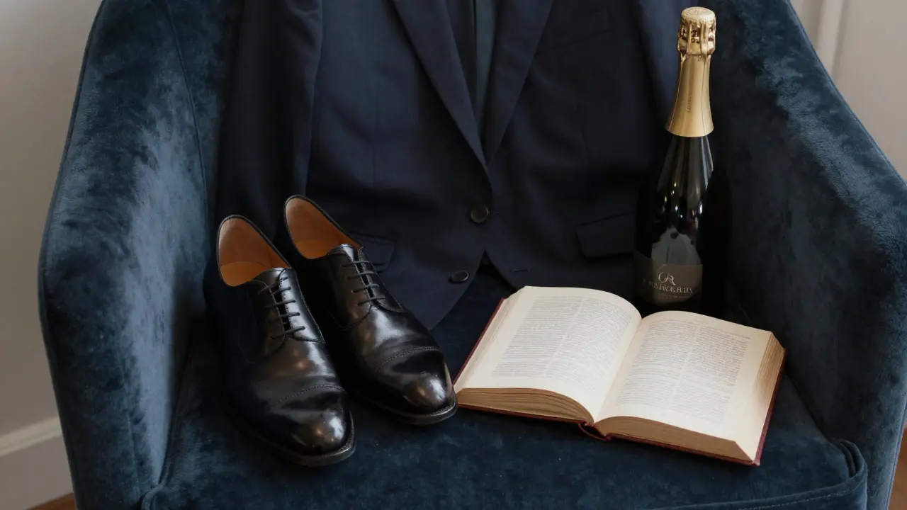 Polished shoes and a blazer beside a bottle of Prosecco and an open book, symbolizing a respectful, unseen encounter in Milan.