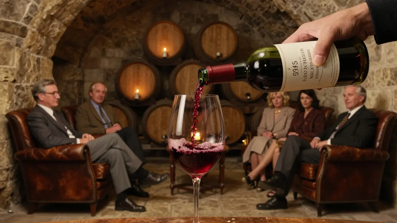 Private wine cellar lit by candlelight, a rare bottle being poured as guests sit in silent reverence among vintage leather chairs.