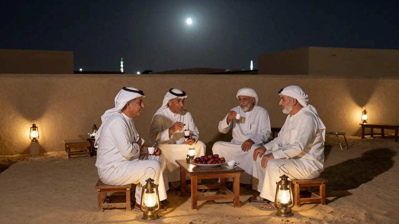 Quiet café at dawn with men drinking Arabic coffee under soft lantern glow.