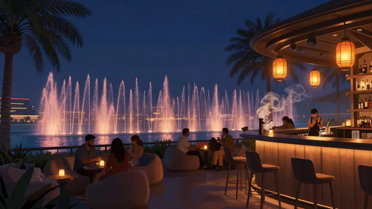 Quiet rooftop bar with view of Dubai Fountain, locals relaxing under warm lights as water jets dance.