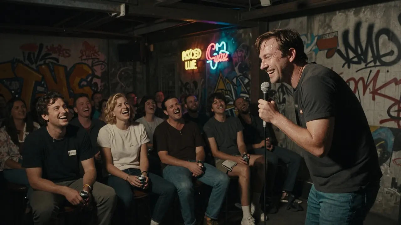 Raw, intimate comedy show in a gritty basement venue with crowded audience and neon lights.