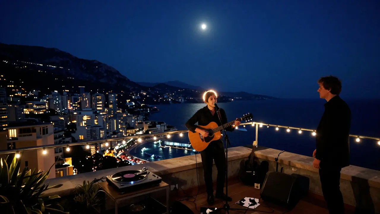 Rooftop acoustic performance at night with city lights below, no phones, only vinyl playing.