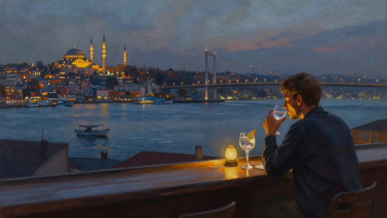 Rooftop bar with panoramic view of Istanbul’s skyline at dusk, minarets and Bosphorus glowing softly.