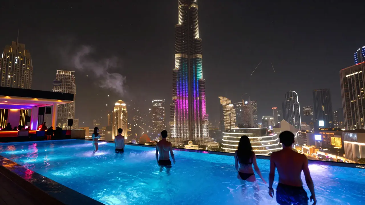 Rooftop nightclub with glowing pool dance floor and Burj Khalifa lit up in colors against the night sky.