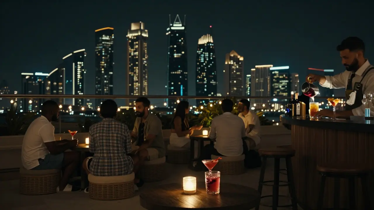Rooftop terrace at Al Maqtaa with guests enjoying cocktails and city skyline views.