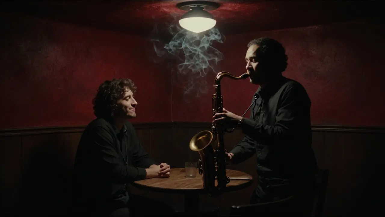 Silhouettes listening to jazz in a dimly lit cellar beneath Saint-Germain.