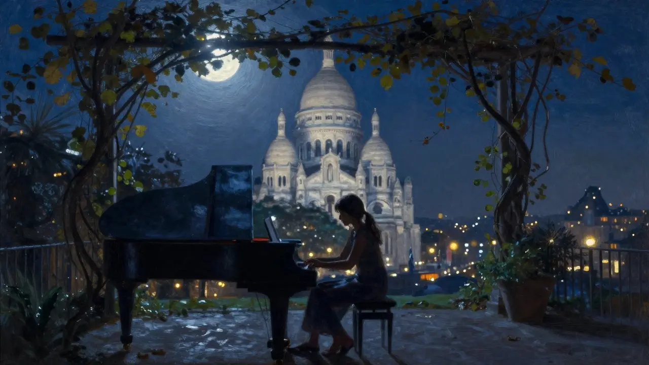Silhouettes of a couple at a moonlit piano in a vine-covered courtyard, Paris lights twinkling behind them.