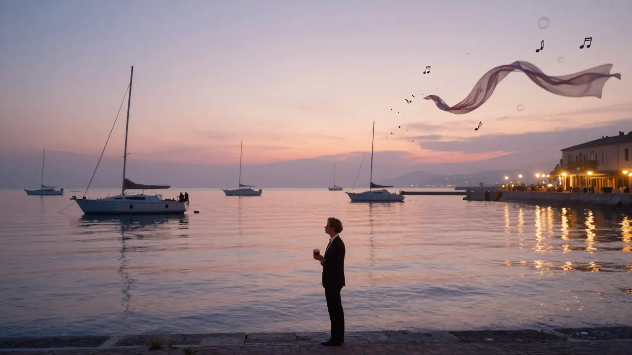 Solitary figure at Port Hercules at dawn, yachts bobbing, city lights shimmering on calm water.