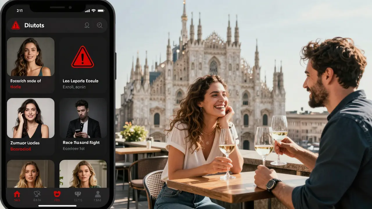 Split image: fake escort ads on left, genuine conversation at Milan rooftop bar on right.