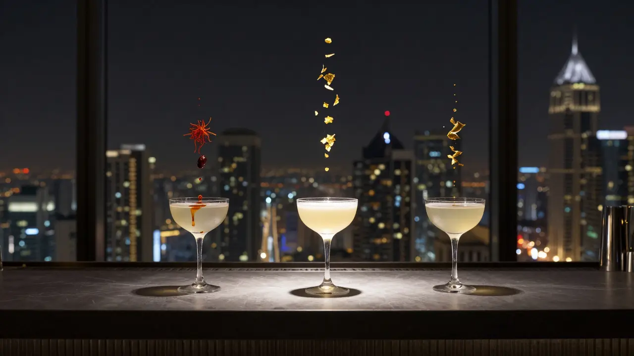 Three artisanal cocktails glowing at The Penthouse bar, with Dubai's skyline blurred behind them.
