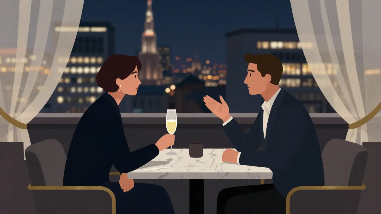 Two figures in a modern rooftop lounge overlooking Milan&#039;s city lights, sharing a drink in a discreet, elegant setting.