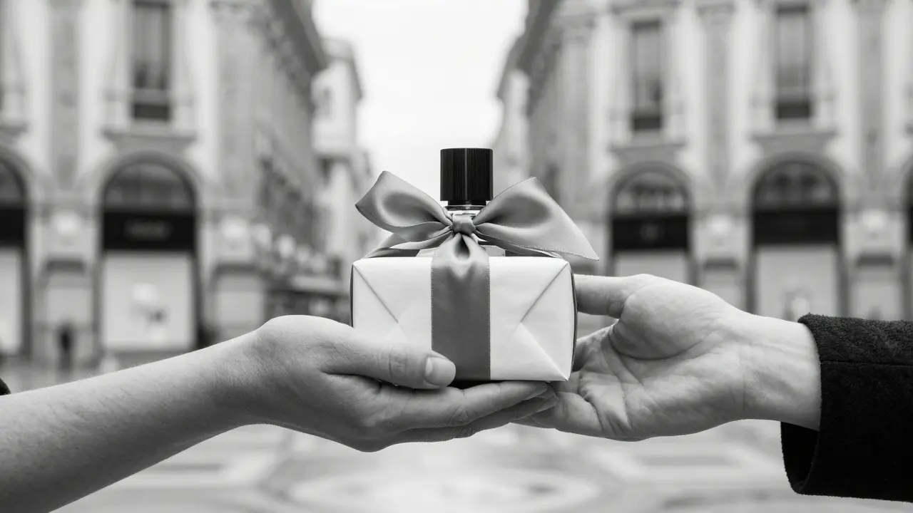 Two hands exchanging a small gift, symbolizing respect and appreciation in Milan’s escort scene, no faces visible.