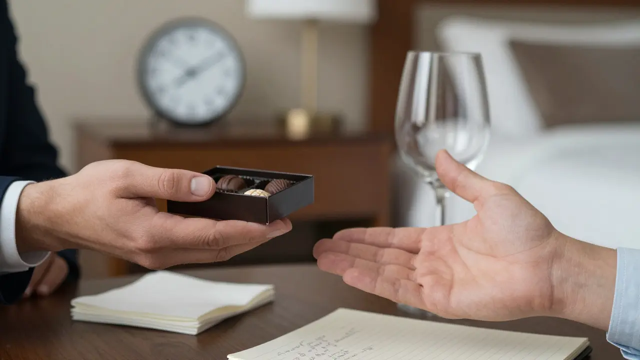 Two hands interact near a hotel room table, one offering chocolates, the other politely declining.