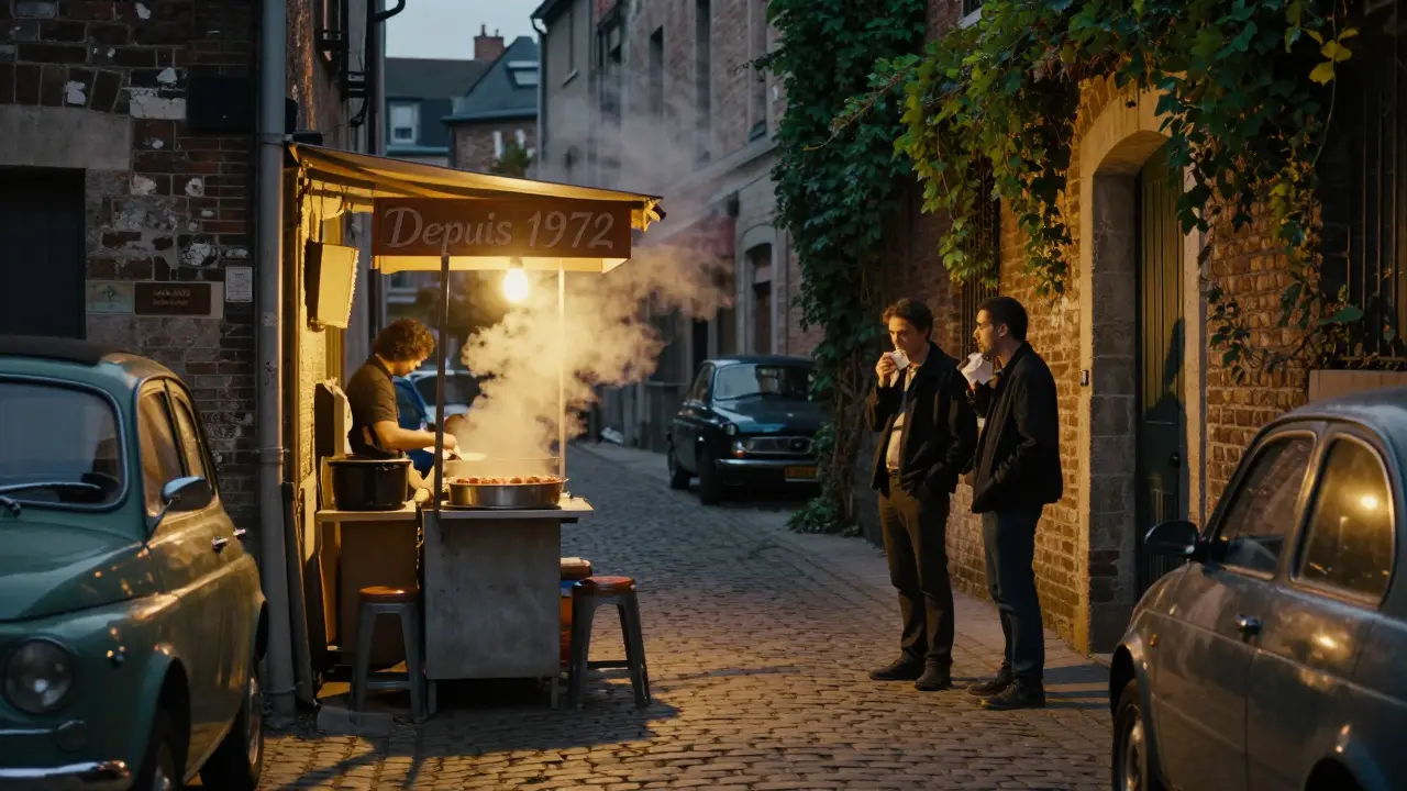Two people eating falafel in a quiet Marais alley, warm light glowing on cobblestones and vintage signage.
