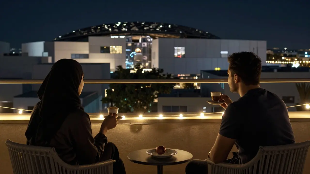 Two people in quiet reflection on a rooftop terrace under soft lights in Abu Dhabi.