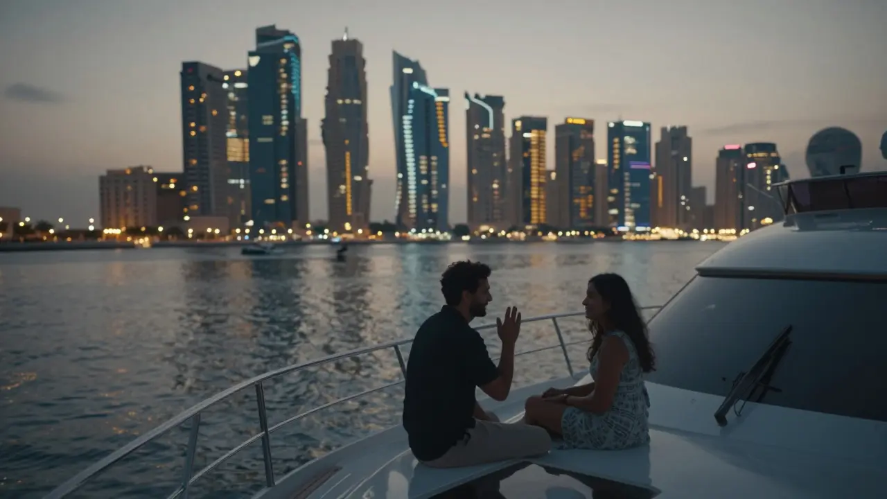 Two people on a private yacht at dusk, city lights reflecting on the water, calm and discreet.