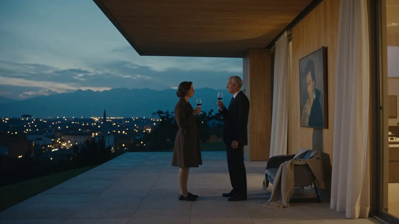 Two people on a terrace of Villa Necchi Campiglio, sipping wine as city lights come on at dusk.