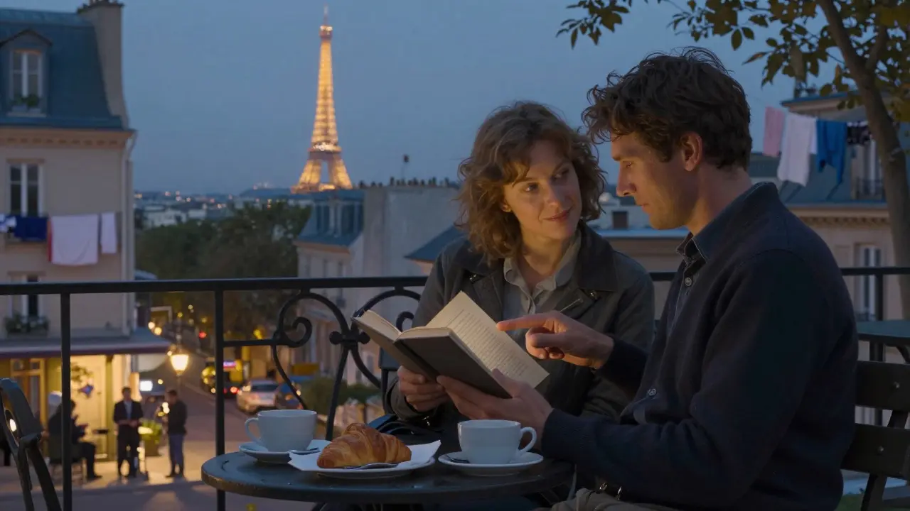 Two people sitting on a hidden terrace in Belleville, sharing a book as the Eiffel Tower glows in the distance.