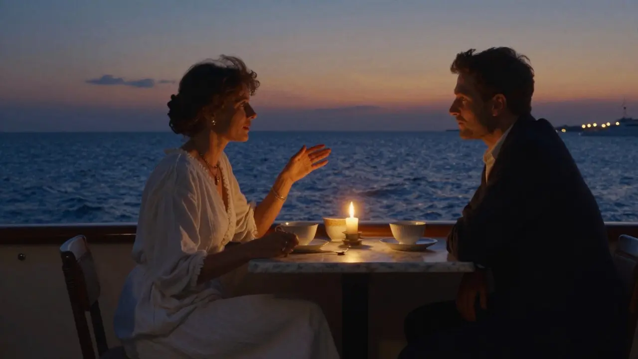 Two silhouettes on a private yacht at sunset, sharing a quiet moment with candlelight and sea reflections.