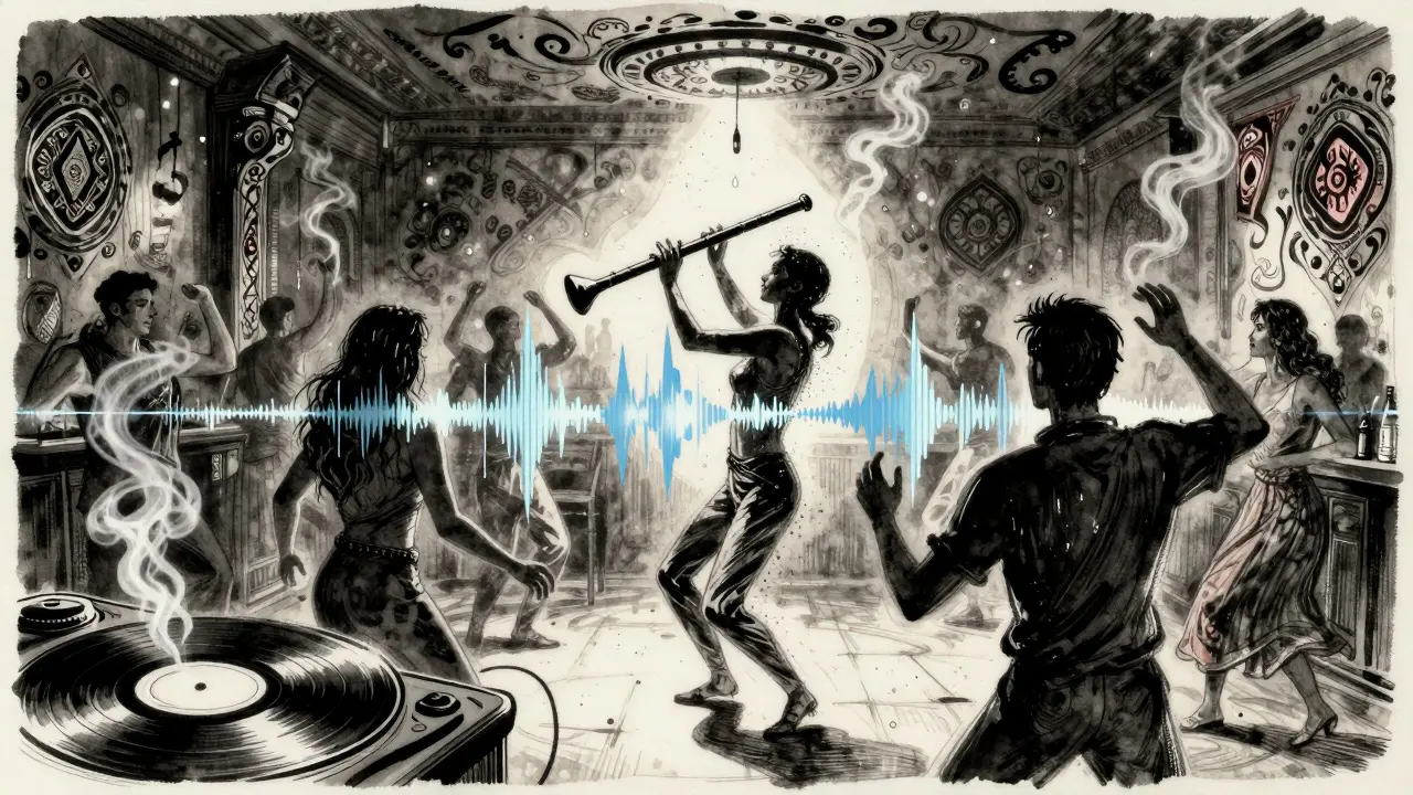 Underground club with traditional Turkish music merging into electronic beats, dancers in dim light.