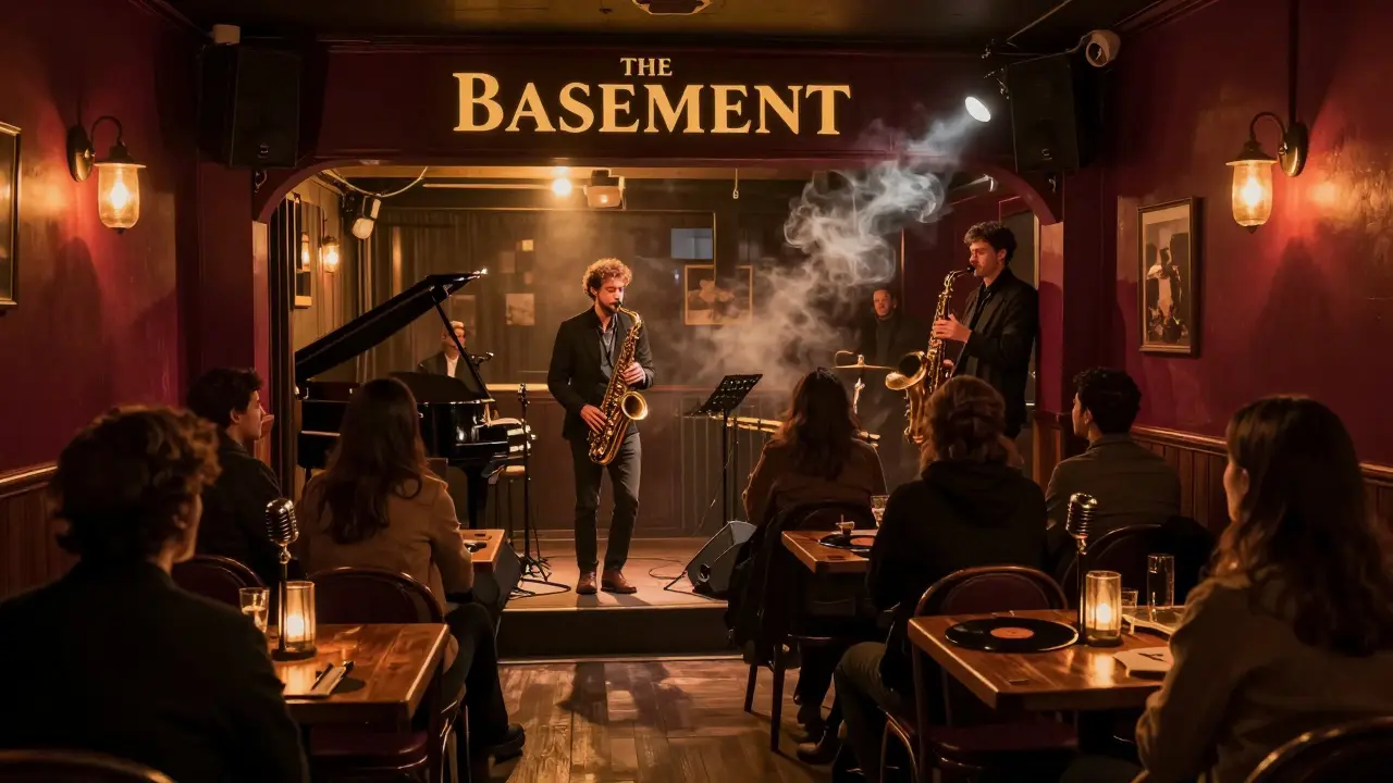 Underground jazz venue with live band and intimate crowd in warm ambient light.