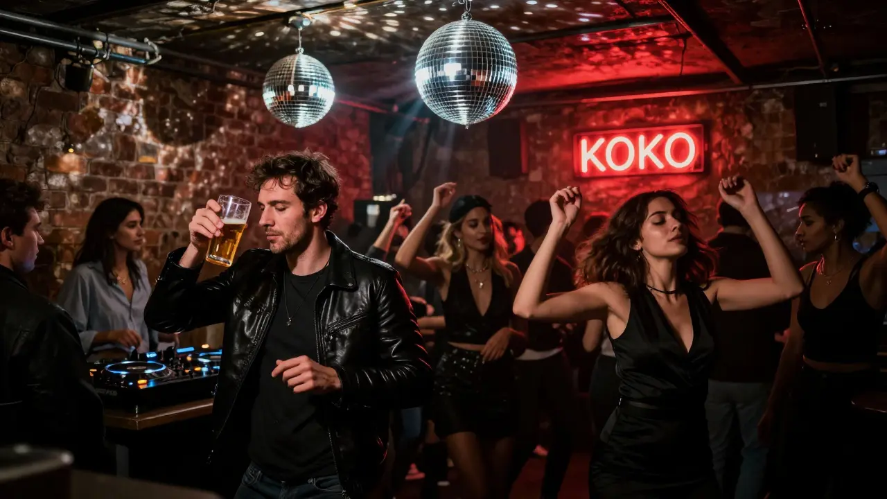 Underground party at Koko club with disco lights and energetic crowd in a gritty, intimate setting.