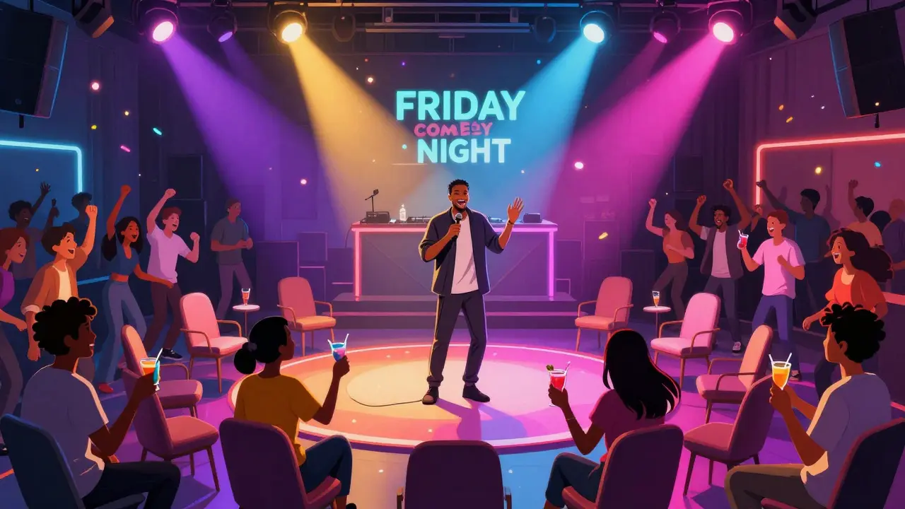 Vibrant comedy night at Zouk Dubai with crowd dancing and laughing under colorful party lights.