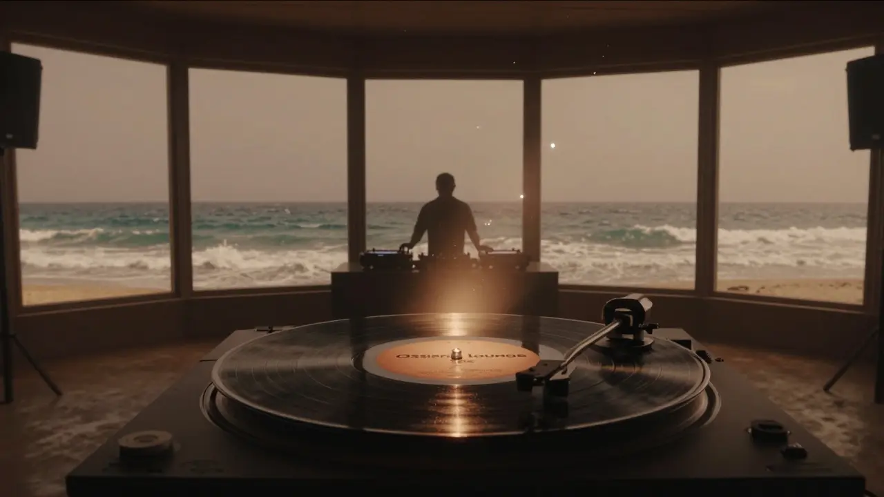 Vinyl record spinning at Ossiano Lounge with ocean waves visible through windows.
