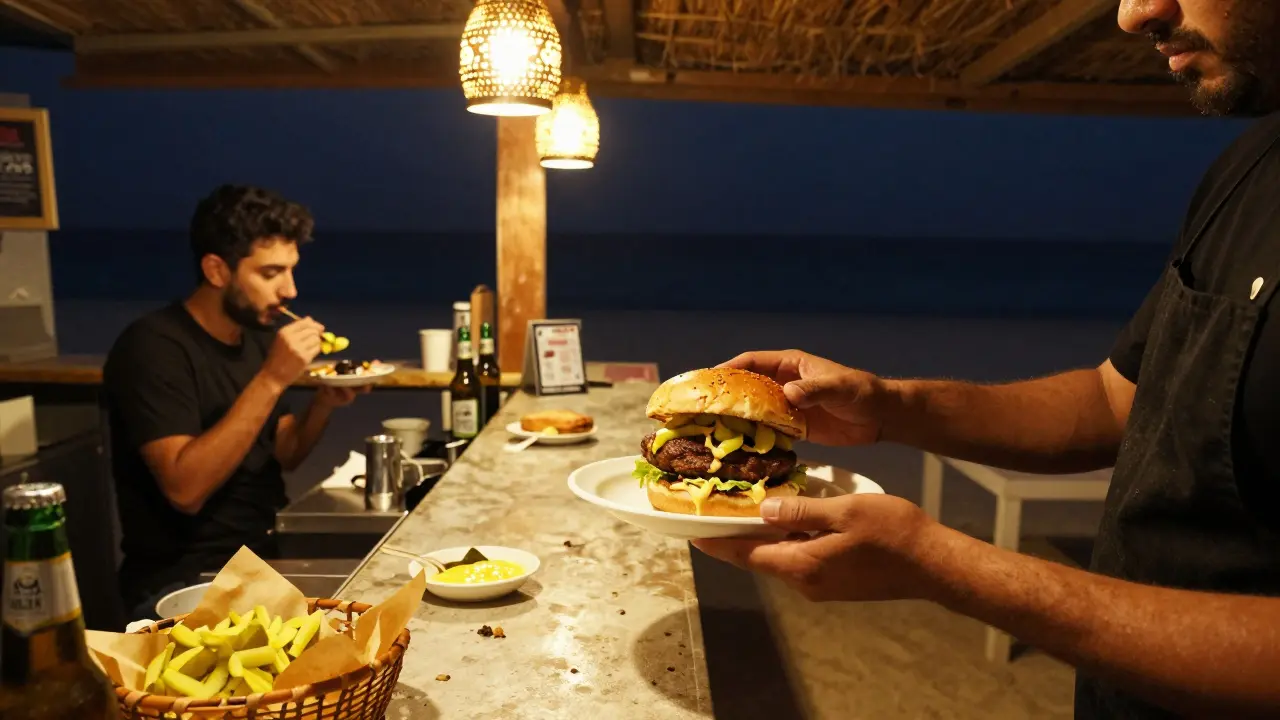 A 4 a.m. shawarma burger served at Barasti with tiki lights and sand underfoot.