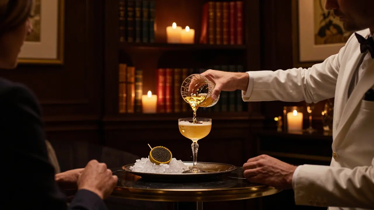A bartender pours a golden cocktail with edible gold leaf in a private lounge behind a bookshelf.