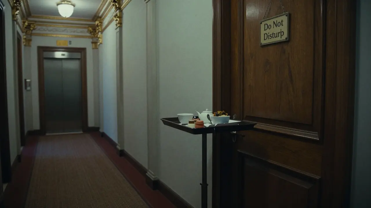 A breakfast tray left outside a hotel room door with a 'Do Not Disturb' sign in a historic building.