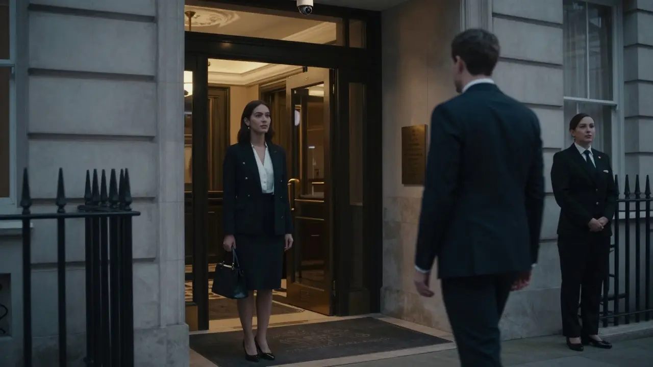 A client and escort meeting respectfully in a well-lit hotel lobby, conveying safety and professionalism.